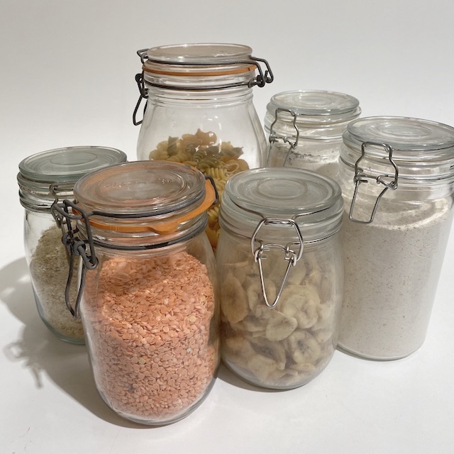 STORAGE JAR, Glass w Wire Clip Lid Assorted